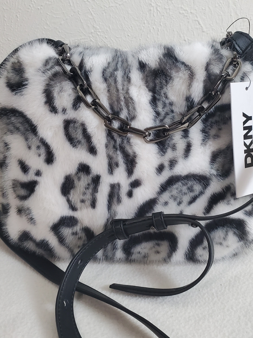 DKNY Black and White Faux Fur Leopard-Print Mini Shoulder Bag